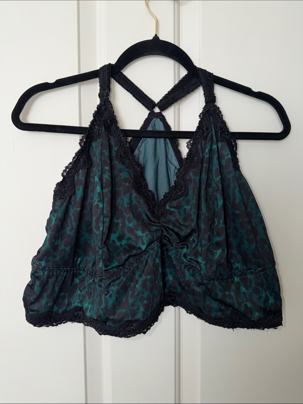 Satin Lace-Trim Leopard Bandeau in Teal and Black